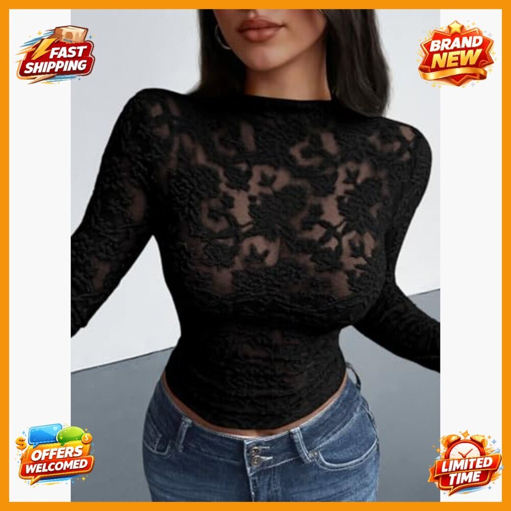 Mesh Long Sleeve Lace Top Sheer Slim Fit Crew Neck Party Club - Picture 5 of 7